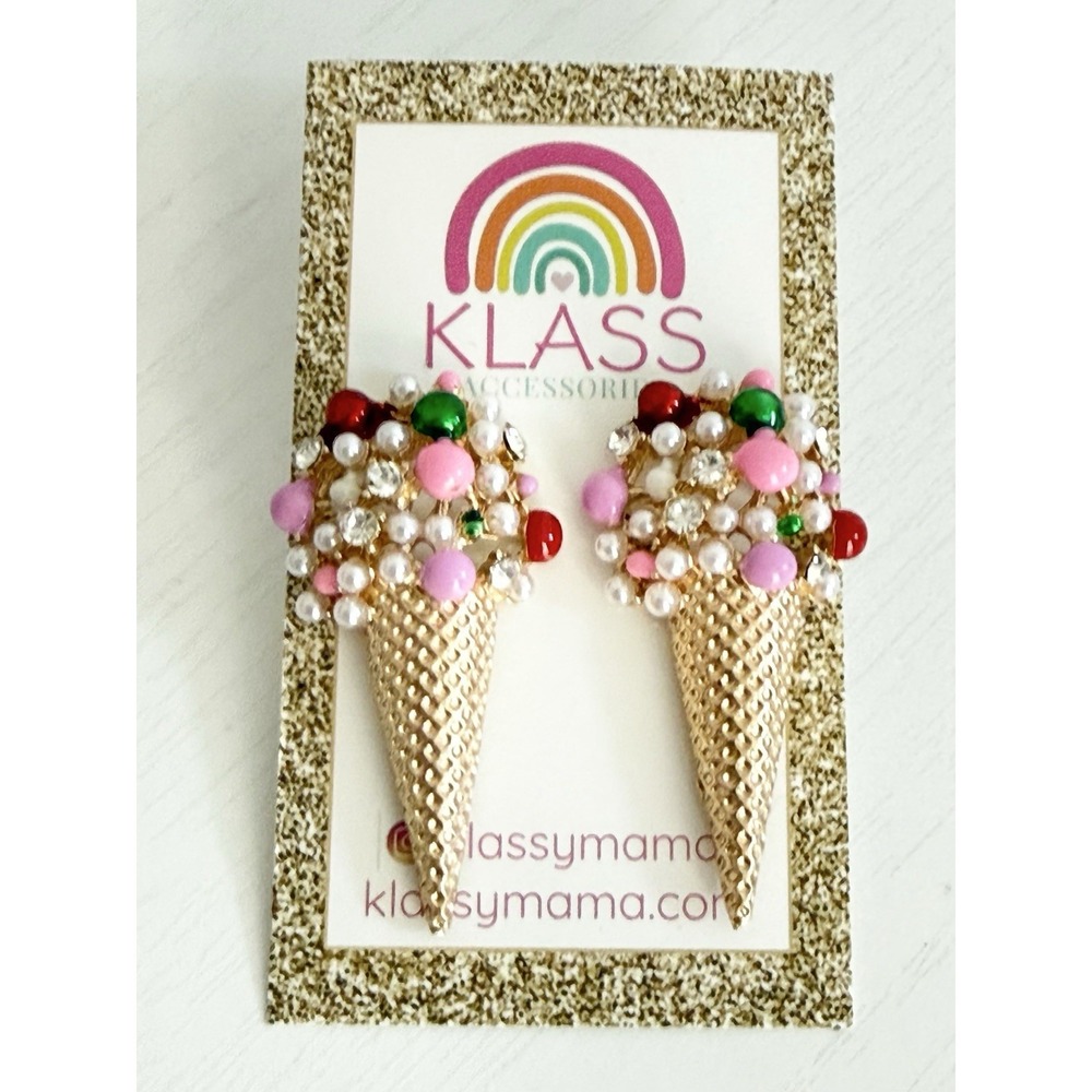 KLASS NWT Colorful Sweet Treat Ice Cream Large Studs Earrings w Pearls Crystals - Picture 2 of 3